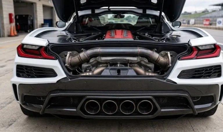 corvette z06 quad center exhaust detail lt6 engine sound 2026 rear Close up detail of the Chevrolet Corvette Z06 quad center exhaust outlets showing the four symmetrically arranged exhaust tips in the center of the rear bumper that allow more direct routing from the mid mounted LT6 flat plane V8 engine and produce the distinctive high pitched exhaust note at 8600 rpm that distinguishes the Z06 from every other American production car on the market