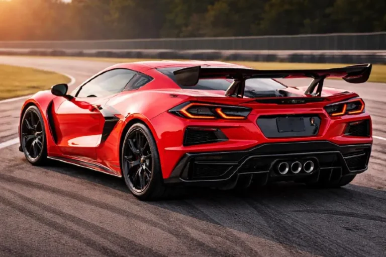 corvette z06 z07 performance package carbon wing michelin cup2 ceramic brakes 2026 Chevrolet Corvette Z06 equipped with the Z07 Performance Package showing the high downforce carbon fiber rear wing front splitter and dive planes Brembo carbon ceramic brake rotors visible through the wheels and Michelin Pilot Sport Cup 2 R ZP track tires that increase top speed from 189 mph to 195 mph and provide significantly improved braking and cornering performance for sustained track use