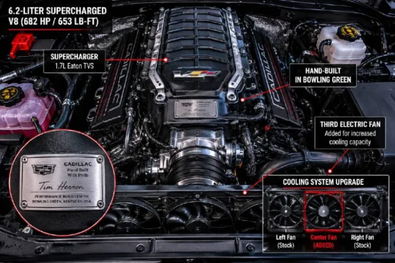 Cadillac Escalade-V 6.2 liter supercharged V8 engine in the engine bay showing the supercharger housing the craftsman signature plate indicating hand-built assembly at Bowling Green Kentucky the same facility that produces Corvette engines producing 682 horsepower and 653 lb-ft of torque with 90 percent of peak torque available from 2000 rpm powering the Escalade-V to 0-60 mph in 4.4 seconds with titanium intake valves and a third electric fan for cooling at sustained high output
