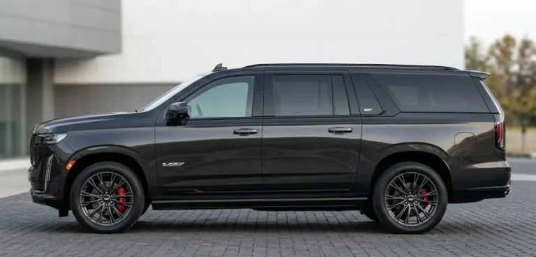 Cadillac Escalade-V ESV long-wheelbase configuration showing the 226.9-inch overall length versus the standard wheelbase's 211.9 inches providing 41.5 to 142.8 cubic feet of cargo space versus 25.5 to 121.0 cubic feet in the standard model with the same 682 horsepower supercharged V8 and complete V-Series performance hardware at a starting price approximately 3000 dollars above the standard wheelbase before destination charges