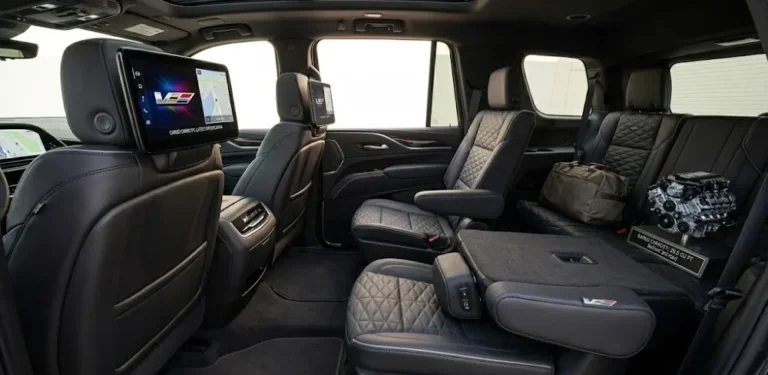 Cadillac Escalade-V second and third row interior showing the flat floor created by the independent rear suspension system that allows adult passengers comfortable access without suspension tunnel intrusion alongside heated and ventilated second-row semi-aniline leather seating the dual 12.6-inch color touchscreen rear entertainment system with AKG Bluetooth headphones and the cargo space of 25.5 to 121.0 cubic feet in the standard wheelbase Escalade-V