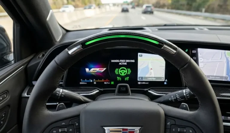 Cadillac Escalade-V steering wheel showing the Super Cruise indicator light bar across the top of the wheel illuminated in green indicating active hands-free highway driving engagement with the driver attention monitoring system actively tracking driver attention through the camera mounted on the steering column which turns the indicator red or flashes to prompt the driver to return hands to the wheel representing Super Cruise as standard equipment on all 2026 Cadillac Escalade-V configurations