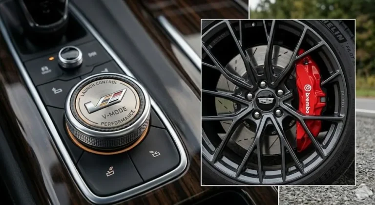 Cadillac Escalade-V V-Mode button on center console that activates launch control sharpens throttle response engages Magnetic Ride Control 4.0 most performance-oriented damping setting and changes the active exhaust to its most assertive acoustic profile as one of six drive modes exclusive to the V-Series alongside Brembo front performance brakes visible through the standard 24-inch wheels that distinguish the Escalade-V from the standard Escalade lineup
