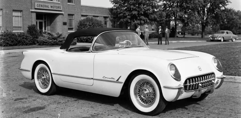 1953 Chevrolet Corvette the first American production sports car built in a production run of only 300 units all finished in Polo White with Sportsman Red interior using a 235 cubic inch inline six cylinder engine producing 150 horsepower establishing the Corvette nameplate that would continue through eight generations to the 2026 ZR1X with 1250 combined horsepower and representing the beginning of 73 years of continuous Corvette production