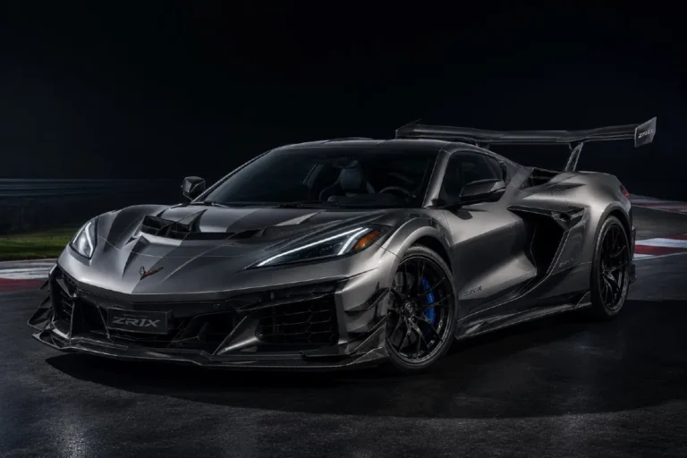 2026 Chevrolet Corvette ZR1X showing the full aerodynamic package including large adjustable rear wing front splitter and flow-through hood producing 1250 combined horsepower from the LT7 twin-turbocharged V8 and front electric drive unit achieving 0-60 mph in 1.68 seconds with no non-standard equipment and a top speed of 233 mph making it the highest horsepower and fastest accelerating production Corvette ever made available from Chevrolet