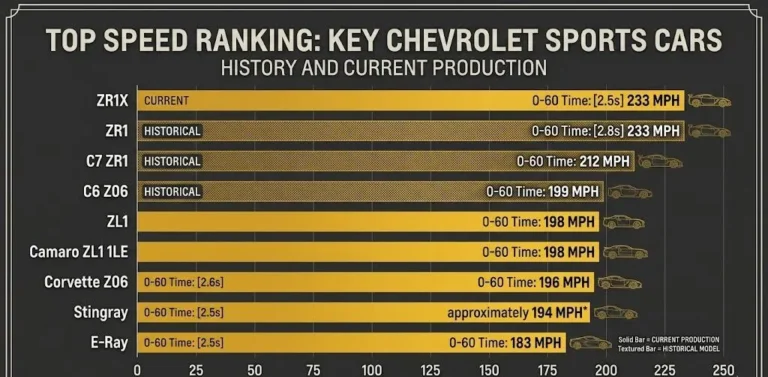 Horizontal bar chart ranking sports Chevy cars by top speed showing the 2026 Corvette ZR1X and ZR1 both at 233 mph as the fastest Chevrolets ever produced followed by the C7 Corvette ZR1 at 212 mph the C6 Z06 at 199 mph the 2024 Camaro ZL1 at 198 mph the 2026 Z06 at approximately 196 mph and the Corvette E-Ray at 183 mph alongside the 0-60 mph times for each model from the ZR1X at 1.68 seconds to the Stingray at approximately 3.0 seconds showing the full performance hierarchy of sports Chevy cars across current and historical production