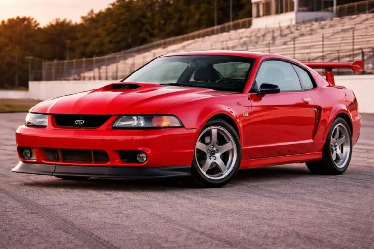 2000 Ford Mustang SVT Cobra R in Performance Red Clearcoat the only available color for all 300 units produced showing the large rear spoiler front splitter Brembo four piston brake calipers and Bilstein suspension of the track focused homologation special built with a 5.4 liter DOHC V8 producing 385 horsepower with no air conditioning no radio and no rear seat requiring buyers to demonstrate racing credentials for purchase