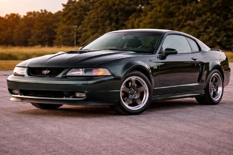 2001 Ford Mustang Bullitt GT in Dark Highland Green the signature color of Steve McQueen's 1968 Mustang GT 390 in the film Bullitt showing the restrained exterior treatment with specific five spoke wheels no rear wing subtle badging and the 4.6 liter V8 producing 265 horsepower through a revised cast aluminum intake twin 57mm throttle bodies and high flow mufflers in approximately 6500 units produced