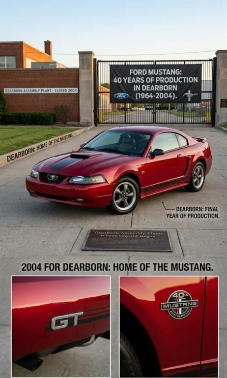 2004 Ford Mustang with 40th Anniversary fender badges marking both the 40th anniversary of the Mustang nameplate and the final model year of the New Edge generation which was also the last Mustang built at the Dearborn Michigan assembly plant before production moved to Flat Rock for the S197 generation in 2005 making 2004 examples especially coveted by collectors as the final product of the Mustangs original birthplace