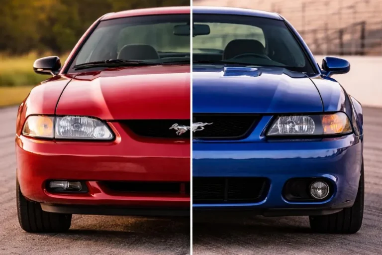 Side by side comparison showing the design transformation from the smooth rounded 1998 SN95 Mustang to the sharp creased 1999 New Edge Mustang demonstrating the New Edge design language developed by Ford VP of Design Jack Telnack that added intersecting arcs and surface tension creases to replace the soft aerodynamic shapes of the 1990s with more aggressive angular proportions that revived the Mustangs muscle car visual identity