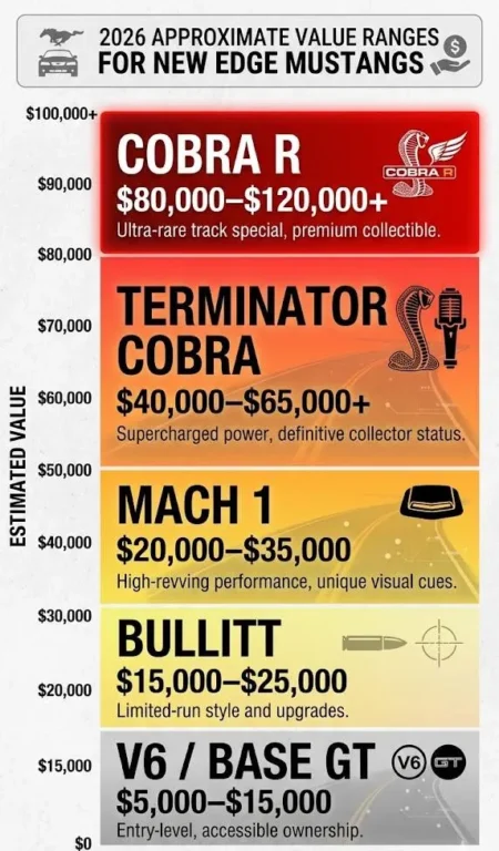 Tiered value comparison chart showing 2026 New Edge Mustang collector values by model ranging from driver quality V6 and GT models at 4000 to 15000 dollars through 2001 Bullitt GT and Mach 1 at modest premiums above GT values to Terminator SVT Cobra examples above original MSRP for low mileage documented cars to 2000 Cobra R at the highest tier based on Kelley Blue Book Hagerty and current market observations compiled 