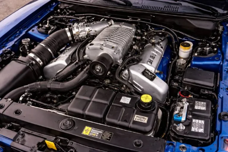 The Eaton M112 supercharged 4.6 liter four valve V8 engine in the 2003 2004 SVT Cobra Terminator Mustang producing 390 horsepower and 390 lb-ft of torque through a cast iron block with forged connecting rods stronger than the aluminum block naturally aspirated Cobra making the Terminator one of the most durable and most sought after New Edge Mustang engines with many examples producing more than the advertised 390 horsepower on independent dyno testing