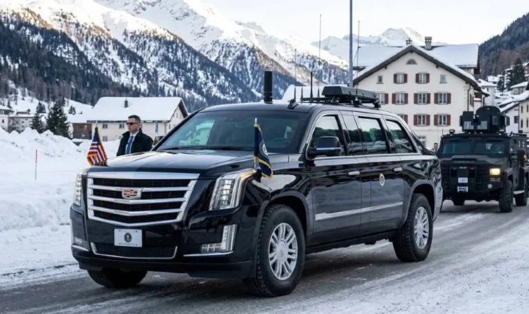 camp package cadillac escalade secret service presidential davos trump The new 2026 Camp Package armored Cadillac Escalade based presidential SUV introduced by the US Secret Service in President Trump's motorcade at the World Economic Forum in Davos Switzerland in January 2026 built for rough terrain use at Camp David Maryland featuring ballistic glass reinforced doors and roof mounted secure communications antennas