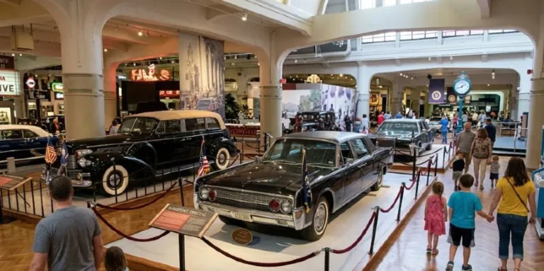 henry ford museum presidential cars exhibit dearborn michigan jfk lincoln fdr Interior of the Henry Ford Museum of American Innovation in Dearborn Michigan showing the presidential car collection exhibit including the 1961 Lincoln Continental SS-100-X JFK assassination car the 1939 Lincoln Sunshine Special and the 1972 Lincoln Continental the most significant collection of presidential vehicles publicly accessible in the United States