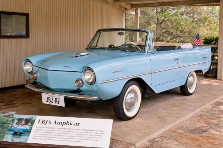 lbj amphicar lyndon johnson ranch stonewall texas lake prank presidential car President Lyndon B. Johnson's Amphicar the only civilian amphibious passenger automobile ever mass produced displayed at the Lyndon B. Johnson National Historical Park in Stonewall Texas where Johnson famously drove unsuspecting guests into the lake pretending the brakes had failed one of the most memorable personal cars owned by any US president
