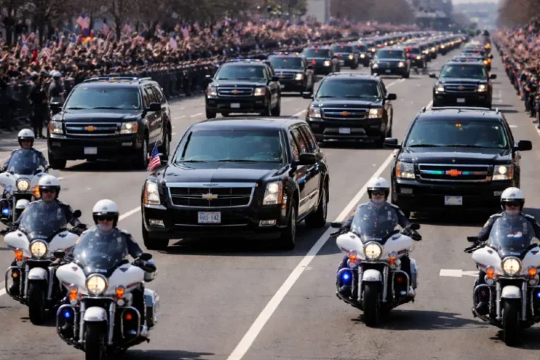 us presidential motorcade cadillac beast limousine complete guide The United States presidential Cadillac Beast limousine in full Secret Service motorcade formation flanked by armored Chevrolet Suburbans and motorcycle outriders showing the complete presidential protection fleet that has evolved from a 1899 steam carriage to a 10-ton armored Cadillac over more than 125 years of presidential automotive history US Presidents