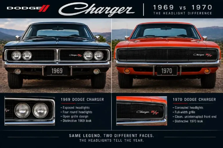 Comparison showing the primary visual difference between the 1969 Dodge Charger with exposed headlights visible in the grille opening and the 1970 Dodge Charger with concealed headlights hidden behind a full-width grille treatment representing the key identification feature that distinguishes the two model years of the second-generation B-body Charger platform which share the same fastback roofline twin circular taillights 117-inch wheelbase and engine options including the 440 Magnum and 426 Street Hemi important for collectors authenticating a specific model year and for understanding the General Lee which was a 1969 Charger despite its visual near-identity to the 1970