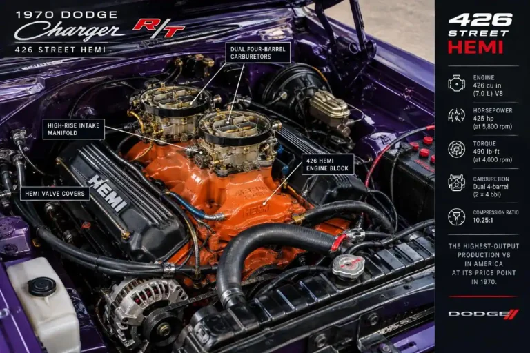 426 cubic inch Street Hemi V8 engine in a 1970 Dodge Charger engine bay showing the two four-barrel carburetors on high-rise intake manifold producing 425 horsepower at 5000 RPM and 490 lb-ft of torque at 4000 RPM with bore and stroke of 4.25 by 3.75 inches 10.25 compression ratio and cast iron block and head with only 112 buyers ordering this engine in 1970 out of 49800 total Charger production making authenticated 1970 Charger 426 Hemi examples worth 200000 to 500000 dollars or more in the collector market