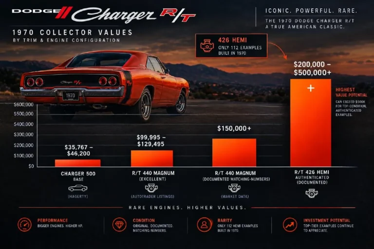 Vertical bar chart showing 2026 collector values for 1970 Dodge Charger configurations with base Charger 500 in good to excellent condition valued at 35767 to 46200 dollars per Hagerty valuation data the R/T 440 Magnum listed at 99995 to 129495 dollars per Classics on Autotrader October 2026 listings the R/T 440 Magnum in documented numbers-matching condition at 150000 dollars or more and the R/T 426 Street Hemi in authenticated condition at 200000 to 500000 dollars or more with a note that only 112 Hemi-equipped 1970 Chargers were produced out of 49800 total making authentication documentation non-negotiable at this value tier