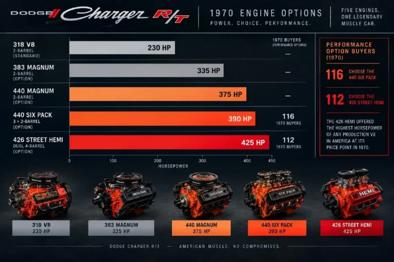 Horizontal bar chart comparing all five 1970 Dodge Charger engine options showing the base 318 cubic inch V8 at 230 horsepower the 383 Magnum at 335 horsepower the 440 Magnum standard R/T engine at 375 horsepower the 440 Six Pack with three two-barrel carburetors at 390 horsepower chosen by only 116 buyers and the 426 Street Hemi at 425 horsepower and 490 lb-ft of torque chosen by only 112 buyers out of 49800 total 1970 Charger production with the color progression from light grey for the base engine to deep red for the Hemi communicating the performance escalation across the full engine lineup