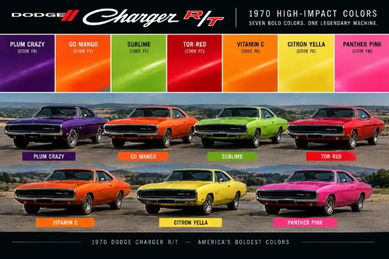Color swatches or period photographs showing the 1970 Dodge Charger high-impact color options including Plum Crazy bright purple Go Mango vivid orange Sublime yellow-green Tor-Red red Vitamin C orange Citron Yella yellow and Panther Pink representing the Chrysler color program that created maximum visual drama on the B-body Charger’s fastback body lines in 1970 with colors designed to make the car’s specific design proportions as visually dramatic as possible and which today affect collector values with original high-impact color examples commanding premiums over more conventional colors