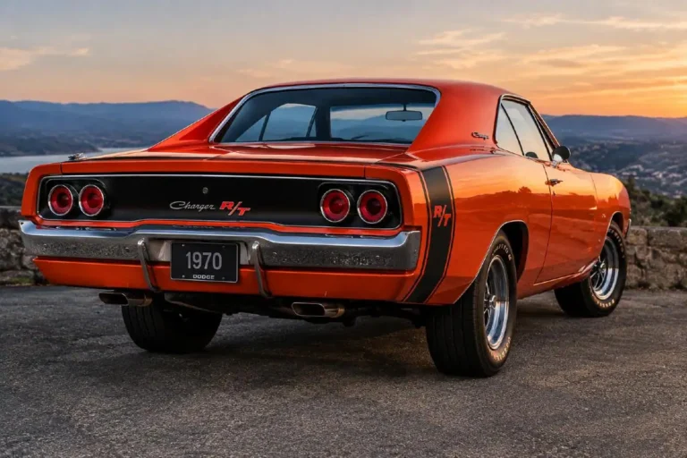 Rear three-quarter view of a 1970 Dodge Charger R/T showing the bumblebee stripe wrapping across the tail of the car from quarter panel to quarter panel the twin circular taillights that are the Charger’s most immediately recognizable design element across the 1968 to 1970 second generation and the dual exhaust exits below the rear bumper included as part of the R/T Road and Track performance package alongside the 440 Magnum V8 heavy duty suspension sway bars and handling package making the bumblebee stripe the definitive visual identifier of the R/T configuration from any rear view