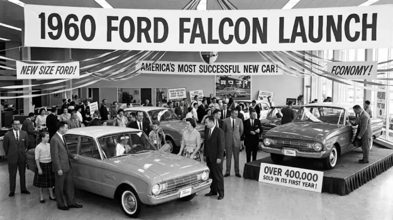 1960 Ford Falcon at its launch in October 1959 for the 1960 model year showing the compact American sedan that sold 417174 units in its first twelve months making it the most successful new model launch in Ford history at that time championed by Robert McNamara as the American domestic alternative to the growing Volkswagen Beetle and Rambler compact market with a 144 cubic inch inline-six producing 85 horsepower and unibody construction on the platform that would later be used directly for the Ford Mustang