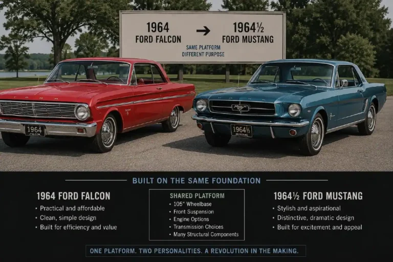 1964 Ford Falcon and 1964 and a half Ford Mustang shown together demonstrating the platform relationship where the Mustang used the Falcon's front suspension geometry rear axle inline-six engines of 170 and 200 cubic inches V8 engine options of 260 and 289 cubic inches and transmission choices while applying a shorter more visually dramatic body to the same mechanical components proving Lee Iacocca's concept that a sporty re-clothed Falcon could create a new market segment that became the pony car category