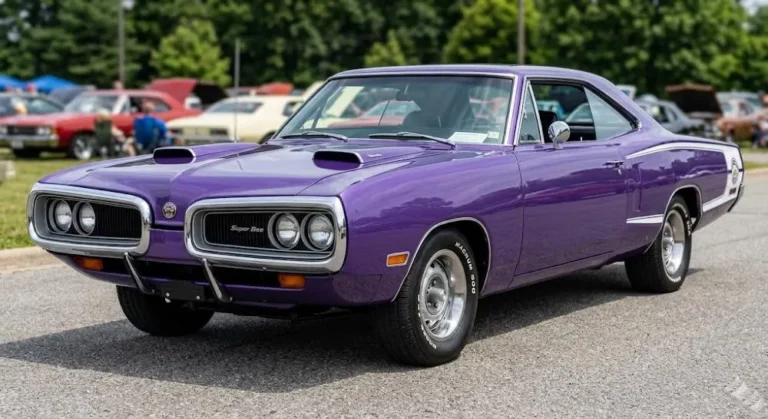 $3,012 in 1970. Up to $300,000. The color is Plum Crazy — one of the High Impact shades that Chrysler introduced for 1969 and that nobody who saw one on the road ever forgot. The loop bumper is new for 1970. The bumblebee stripe at the tail is original to 1968. The 426 Hemi or the 440 Six Pack is under the flat black fiberglass hood. This is the peak of what the budget muscle car concept could achieve.