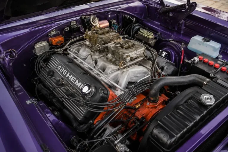 426 cubic inch Hemi engine in a 1970 Dodge Super Bee showing the two Carter four-barrel carburetors on the crossram intake manifold the distinctive hemispherical combustion chamber cylinder heads producing a conservatively rated 425 horsepower in a car where approximately 400 to 500 examples were Hemi-equipped making numbers-matching documented examples worth 150000 to 300000 dollars or more in the collector market