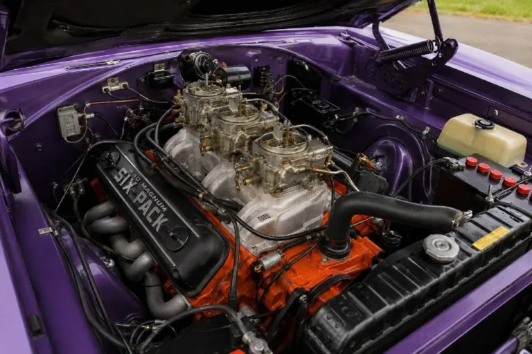 Dodge 440 cubic inch Six Pack engine showing the three Holley two-barrel carburetors mounted on the aluminum crossram intake manifold producing 390 horsepower available in the 1970 Dodge Super Bee with a functional flat black fiberglass hood featuring an air scoop that fed cold air to the air cleaner under wide open throttle conditions representing one of the most mechanically dramatic performance packages available in any American production car of 1970