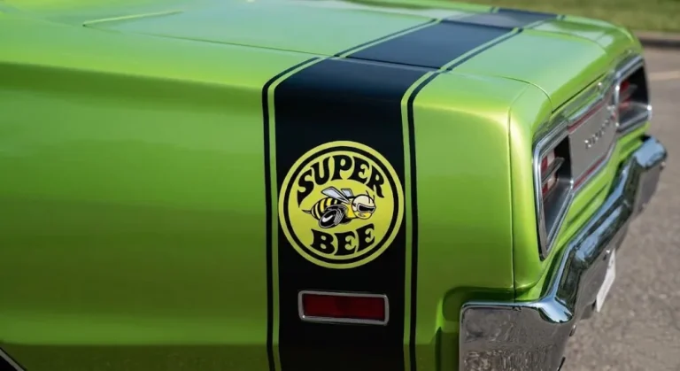 Detail photograph of the 1970 Dodge Super Bee bumblebee tail stripe showing the graphic treatment that wraps around the rear of the Coronet body with the cartoon Super Bee logo wearing a helmet and carrying a gear shift representing the Dodge Scat Pack performance branding identity that grouped all Dodge performance models and that for 1970 offered both the traditional tail stripe and a new dual body side stripe option against the car's High Impact Color exterior