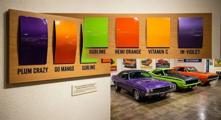 1970 Dodge High Impact Color palette showing Plum Crazy bright purple Go Mango vivid orange Sublime yellow-green Hemi Orange Vitamin C and In-Violet available on the 1970 Dodge Super Bee representing Chrysler's revolutionary departure from conventional automotive paint conventions that produced some of the most visually distinctive production cars in American automotive history with High Impact Color examples commanding significant collector premiums above conventional color examples at all engine levels