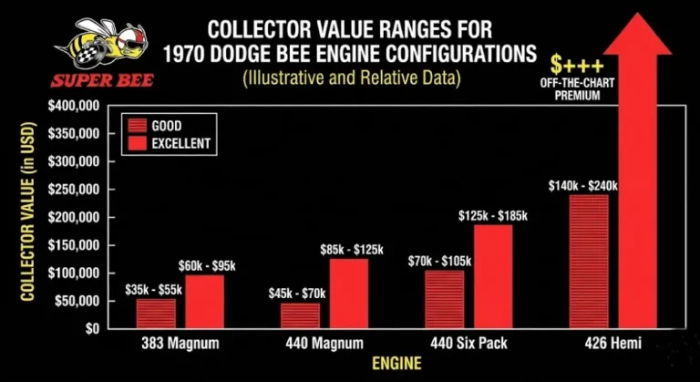 Bar chart showing collector market values for the 1970 Dodge Super Bee by engine configuration with the 383 Magnum ranging from 30000 to 70000 dollars the 440 Magnum ranging from 60000 to 100000 dollars the 440 Six Pack ranging from 80000 to 150000 dollars and the 426 Hemi ranging from 150000 to 300000 dollars or more based on Hagerty valuation data and documented Bring a Trailer and Mecum auction results from 2024 and 2025 with High Impact Color examples commanding premiums above these baselines