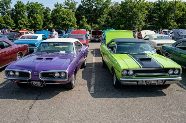 1970 Dodge Super Bee and 1970 Plymouth Road Runner side by side showing the visual differences between the Super Bee's Dodge Coronet B-body platform and the Road Runner's Plymouth Satellite B-body platform both available with identical engine options including the 383 Magnum 440 Magnum 440 Six Pack and 426 Hemi with the Road Runner using the Warner Bros Road Runner cartoon license and the Super Bee using its own proprietary cartoon bee mascot at a comparable base price