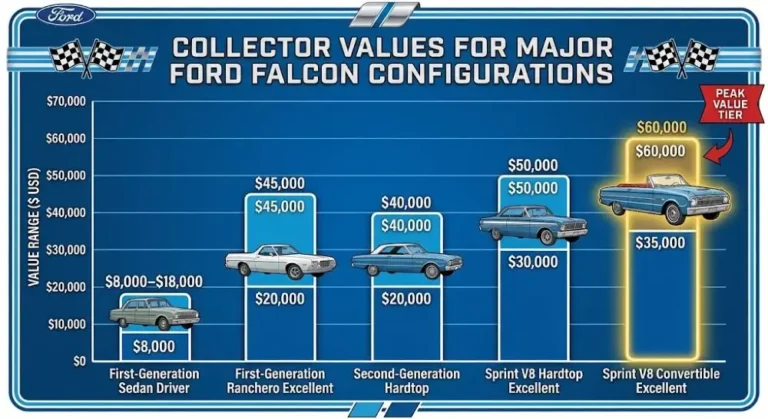 Bar chart showing 2026 collector market values for Ford Falcon configurations with first-generation sedan in driver condition at 8000 to 18000 dollars first-generation Ranchero in excellent condition at 20000 to 45000 dollars second-generation hardtop at 20000 to 40000 dollars Sprint V8 hardtop in excellent condition at 30000 to 50000 dollars and Sprint V8 convertible in excellent condition at 35000 to 60000 dollars based on Hagerty valuation data and Bring a Trailer completed auction records