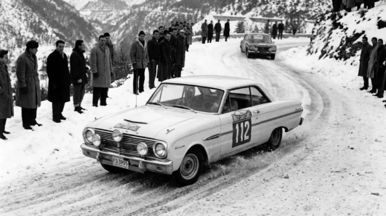 Ford Falcon Sprint in the 1963 Monte Carlo Rally showing the V8-equipped performance compact competing against European rally entries to establish the Sprint's international performance credentials before the Ford Mustang was introduced in 1964 demonstrating that the Falcon platform could support genuine performance driving at international competition levels and that the compact American car could compete against established European performance cars in their own territory