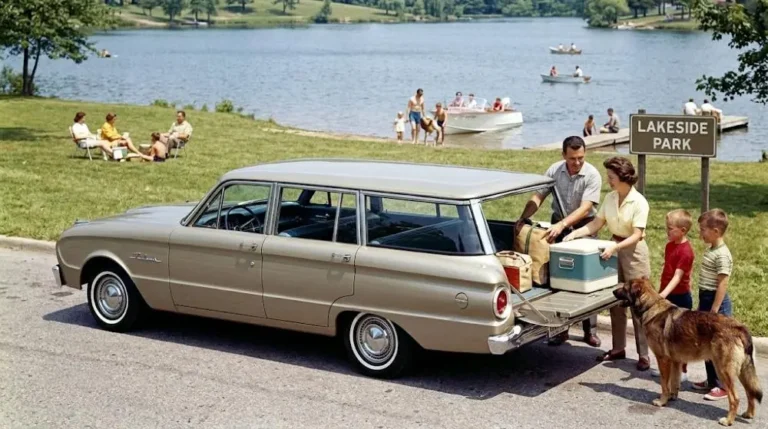Ford Falcon station wagon showing the compact two-door or four-door wagon body style that expanded the Falcon's practical utility beyond the sedan configuration available in two-door and four-door configurations from 1961 through the end of American Falcon production representing the specific family utility that justified the Falcon's continued existence alongside the sportier Mustang and extending the compact economy car formula into the family hauler market where full-size Ford wagons had been the only American option