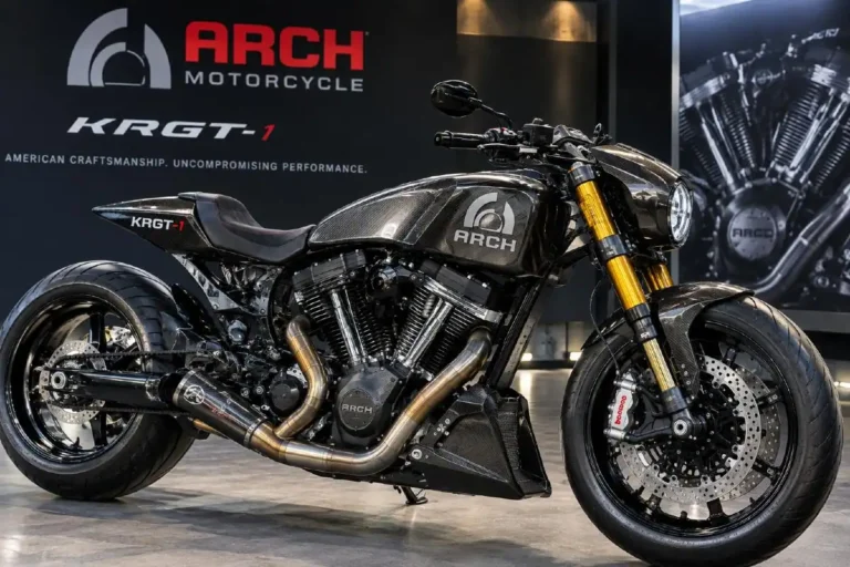 ARCH Motorcycle KRGT-1 production performance cruiser co-designed by Keanu Reeves and Gard Hollinger priced at approximately 85000 dollars featuring over 200 handmade parts including Öhlins high-end front suspension BST carbon wheels S&S power plant and Michelin tires with a custom-made seat fitted specifically to each rider with ARCH Motorcycle Company established in 2011 after Reeves’ customized Harley-Davidson Dyna Wide Glide prototype became the basis for the KRGT-1 production model appearing as a purchasable vehicle in Cyberpunk 2077 where Reeves voiced Johnny Silverhand