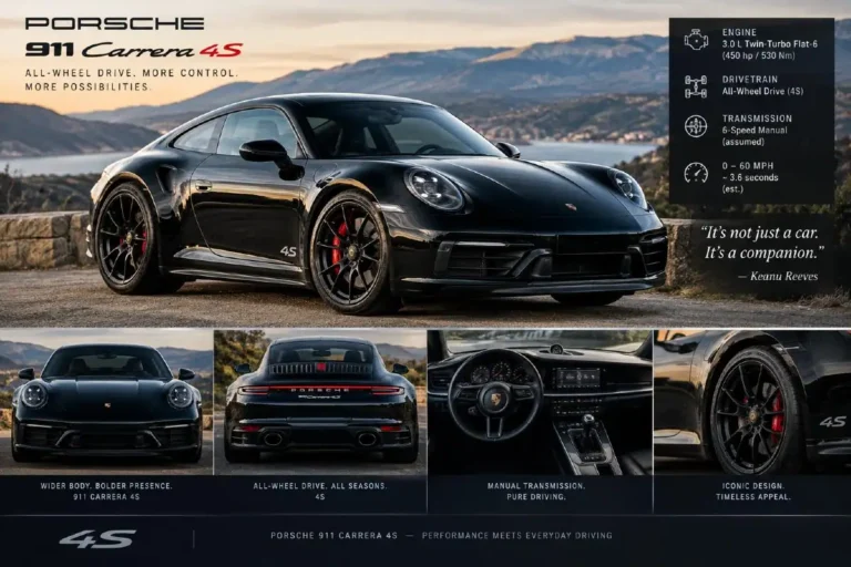 Black Porsche 911 Carrera 4S with all-wheel drive sunroof and manual transmission representing the car Keanu Reeves nicknamed The Sled featuring a 3.0-liter twin-turbocharged flat-six engine producing 443 horsepower with 0-60 mph in approximately 3.7 seconds about which Reeves stated I enjoy the fact that the car allows me to be fast and efficient I have developed a bond with it making the named 911 alongside the named 1964 Volvo 122 Dumpy the two most personally significant cars in a collection that also includes a Ferrari LaFerrari and a Bugatti Veyron