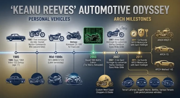 Timeline showing key milestones in Keanu Reeves’ automotive history from purchasing the 1964 Volvo 122 Dumpy at age 17 in approximately 1985 through first motorcycle ride in 1987 to hiring Gard Hollinger in 2007 to customize his Harley-Davidson Dyna Wide Glide through co-founding ARCH Motorcycle in 2011 to current collection including Ferrari LaFerrari Bugatti Veyron Grand Sport Vitesse ARCH KRGT-1 1S and Method 143 and West Coast Choppers El Diablo showing four decades of progressive vehicle acquisition driven by genuine passion