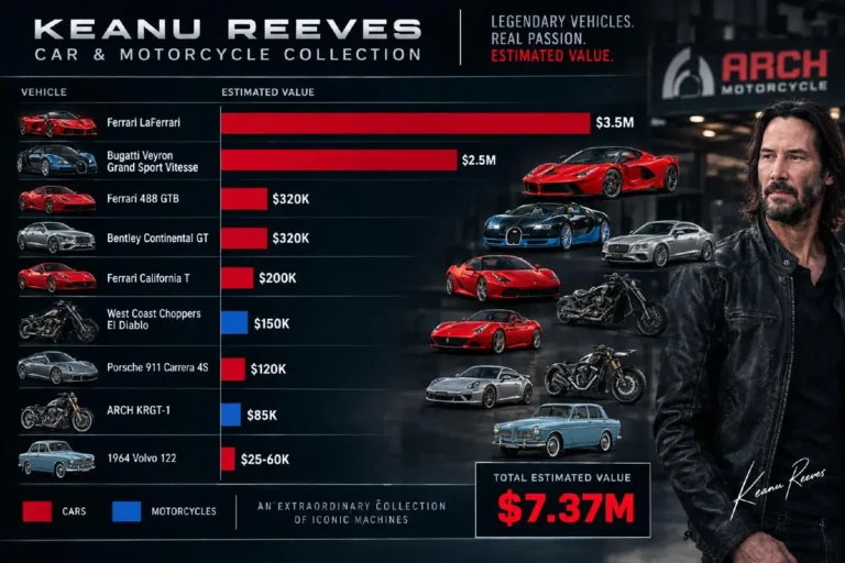 Horizontal bar chart showing estimated values of vehicles in Keanu Reeves collection including Ferrari LaFerrari at approximately 3.5 million dollars Bugatti Veyron Grand Sport Vitesse at approximately 2.5 million dollars Ferrari 488 GTB and Bentley Continental GT at approximately 320000 dollars Ferrari California T at approximately 200000 dollars West Coast Choppers El Diablo custom motorcycle at approximately 150000 dollars Porsche 911 Carrera 4S at approximately 120000 dollars ARCH Motorcycle KRGT-1 at approximately 85000 dollars and 1964 Volvo 122 Dumpy at approximately 25000 to 60000 dollars with total collection estimated at over 3.8 million dollars