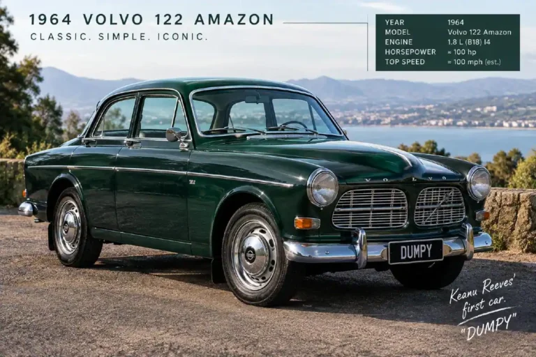 1964 Volvo 122 Amazon in British racing green similar to the one Keanu Reeves purchased at age 17 and nicknamed Dumpy due to its small size and deteriorating interior powered by an inline four-cylinder engine producing 86 horsepower with a 4-speed manual transmission rear-wheel drive and a top speed of approximately 92 mph representing the most personal vehicle in Reeves’ collection valued at over 3.8 million dollars and kept alongside a Ferrari LaFerrari worth approximately 3.5 million dollars confirming that Reeves has maintained his first car throughout decades of acting success and vehicle acquisition