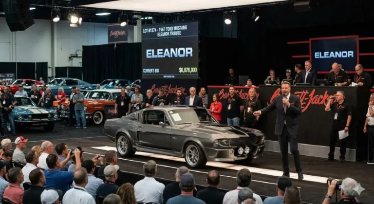 eleanor mustang gt500 auction block ip rights collector value Eleanor replica 1967 Shelby GT500 Mustang based on Chip Foose Gone in 60 Seconds design on the auction block at a major collector car auction illustrating the significant commercial value of the Eleanor intellectual property which is controlled by Denice Halicki and has been the subject of extensive legal action against unlicensed reproductions
