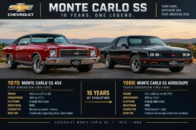 1970 Chevrolet Monte Carlo SS 454 alongside 1986 Monte Carlo SS Aerocoupe showing 16 years of design evolution from the long-hood personal luxury muscle car with the 454 cubic inch V8 producing 360 horsepower to the downsized fourth generation G-body SS with the fastback Aerocoupe rear window the 116-inch wheelbase first generation contrasted with the 108-inch third and fourth generation platforms representing the complete story of how the Monte Carlo adapted across two oil crises and a decade of emissions regulations
