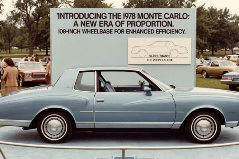 1978 Chevrolet Monte Carlo third generation showing the downsized G-body platform with 108-inch wheelbase reduced from the 116-inch first and second generation platforms as part of GM's 1977 downsizing program that reduced overall dimensions and weight to improve fuel economy in response to the 1977 oil crisis while maintaining the Monte Carlo's personal luxury coupe identity and setting up the fourth generation SS revival in 1983 by keeping the nameplate commercially viable through the late 1970s and early 1980s