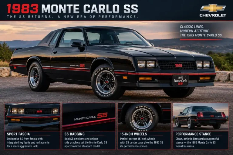 1983 Chevrolet Monte Carlo SS fourth generation G-body showing the sport fascia SS badging and 15-inch wheels of the revived Super Sport package that returned the SS designation to the Monte Carlo after its absence since 1971 with a 5.0-liter V8 producing 150 horsepower unequal-length front control arms four-link rear suspension revised shocks and thicker anti-roll bars representing a genuine performance suspension improvement over the standard Monte Carlo of the same era