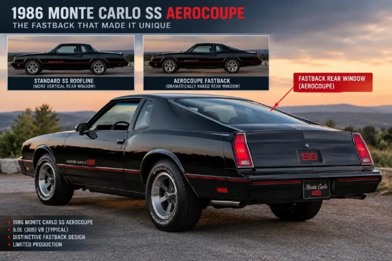 1986 Chevrolet Monte Carlo SS Aerocoupe rear three-quarter view showing the dramatically raked fastback rear window that replaced the standard upright coupe roofline to improve aerodynamics for NASCAR competition with only 200 units produced to meet NASCAR minimum production requirements for racing eligibility making it the rarest fourth-generation Monte Carlo and the most valuable with documented examples selling for over 40000 dollars in the current collector market