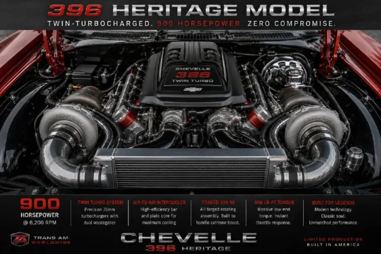 2024 Chevelle 70/SS 396 Heritage Model forced induction engine showing either the supercharged 396 cubic-inch LT V8 producing 800 horsepower or the twin-turbocharged 396 producing 900 horsepower with Mantic triple-disc clutch standard on manual transmission variants honoring the 1970 Chevelle SS 396 nameplate with modern performance that doubles and then exceeds the original's output