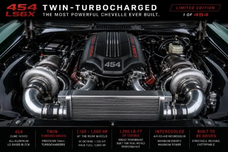 2024 Chevelle 70/SS 454 LS6X Limited Edition twin-turbocharged engine producing 1500 rear-wheel horsepower from a 454 cubic-inch LS6X V8 with boost by speed management making the power delivery controllable and streetable limited to only 25 units worldwide with 3.0-inch full exhaust headers drag pack upgraded suspension upgraded axles rear differential and oversized brakes all standard on the 1500 horsepower model representing the most powerful engine option available in the 2024 Chevelle 70/SS lineup